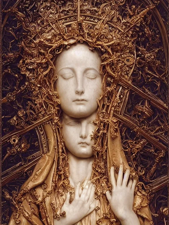 Image similar to a beautiful render of baroque catholic veiled sculpture, the red queen pieta, with symmetry intricate detailed,by LEdmund Leighton, peter gric,aaron horkey,Billelis,trending on pinterest,hyperreal,jewelry,gold,intricate,maximalist,glittering,golden ratio,cinematic lighting