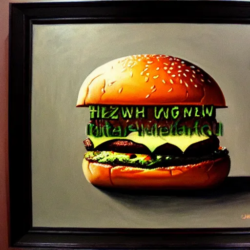 Image similar to painting of a burger with a mouth in the style of beksinski