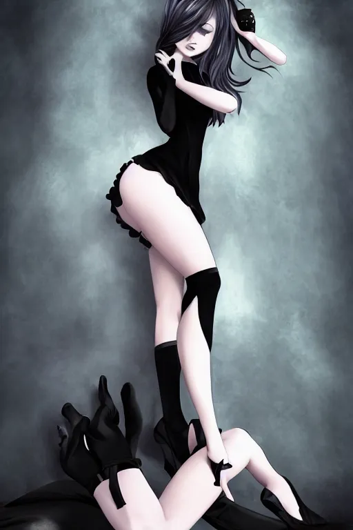 Image similar to pretty gothic lady wearing a tight black ornated dress and black stockings, fullbody art, drawn by WLOP, by Avetetsuya Studios, anime still, trending on artstation