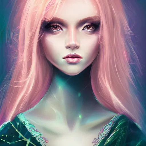 Prompt: fantasy magic fashion girl portrait, sci-fi, glossy eyes, face, long hair, fantasy, intricate, elegant, highly detailed, digital painting, artstation, concept art, smooth, sharp focus, illustration, flat pastel colors ansd sharp ink