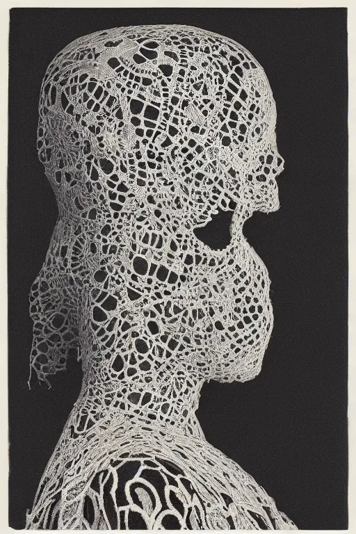 Image similar to a woman's face in profile, made of intricate decorative lace skeleton, in the style of the dutch masters and gregory crewdson, dark and moody