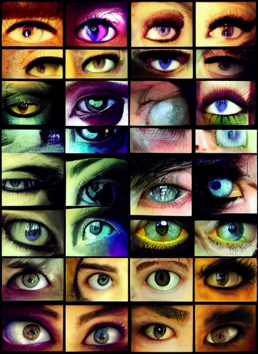 Image similar to grid montage of square shaped eyes, square shaped dilated pupils, square irises, detailed colored textures, eyelashes, advanced art, art styles mix, from wikipedia, wet reflections in eyes, sunshine light, hd macro photograph, from side, various eyelid positions, square black pupil centered