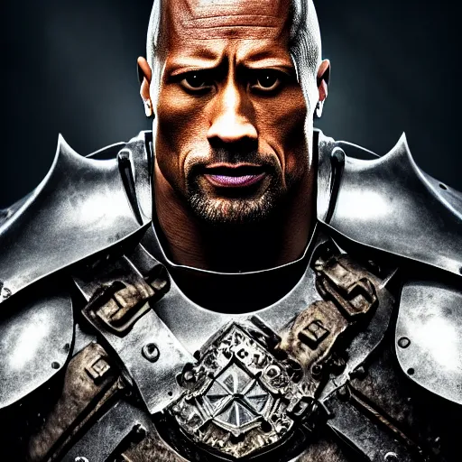 Image similar to dwayne johnson as a noble knight paladin in shining armor, intricate fractal armor, cinematic, studio photography, high detail, ultra high detail, 4 k, hdr, 8 k