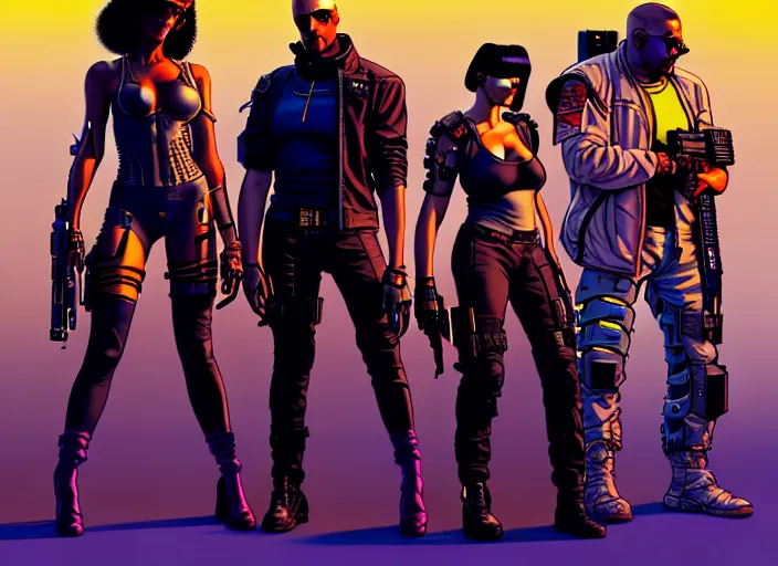 Image similar to cyberpunk mercenary team. portrait by stonehouse and mœbius and will eisner and gil elvgren and pixar. character design. realistic proportions. cyberpunk 2 0 7 7 character art, blade runner 2 0 4 9 concept art. cel shading. attractive face. thick lines. the team. diverse characters. artstationhq.