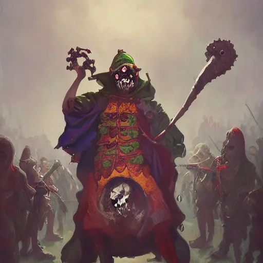 Prompt: a scared jester dressed in jester clothes plays an ornate harp for a crowd of hungry zombies, concept art, trending on artstation, by greg Rutkowski