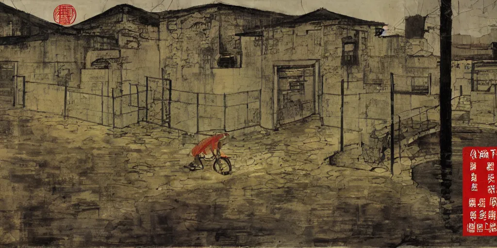 Image similar to a chinese prison near a river by peter doig, overlaid with chinese adverts