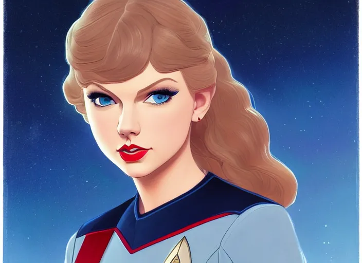 Image similar to a disney film still of taylor swift as a star trek officer, finely detailed features, closeup of the face, perfect art, dusk, blue hour, gapmoe yandere grimdark, trending on pixiv fanbox, painted by greg rutkowski, makoto shinkai, takashi takeuchi, alphonse mucha, akihiko yoshida