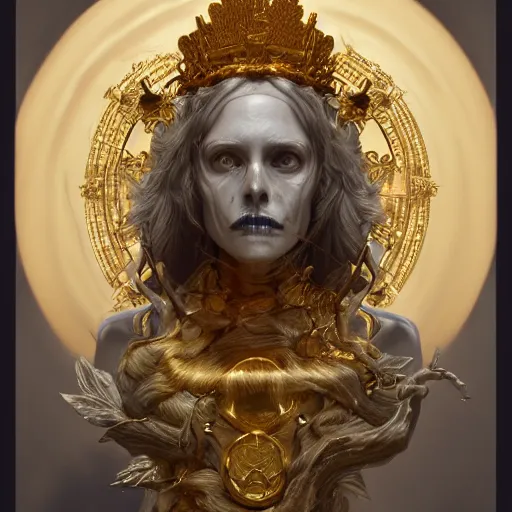 Prompt: portrait of Hecate as a marble statue skeleton, greek mythology, gold crown and filaments, intricate, headshot, highly detailed, digital painting, artstation, concept art, sharp focus, cinematic lighting, illustration, art by artgerm and greg rutkowski, alphonse mucha, cgsociety