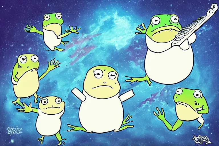 Prompt: “a group of baby harp seal cyborg warrior surrounding a group of ninja frogs, in the style of Rick and Morty”