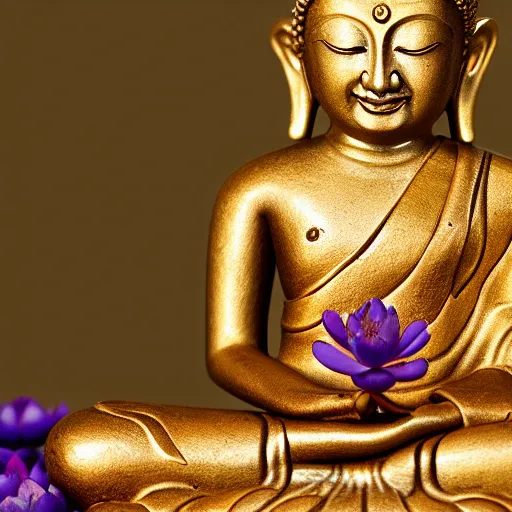 Image similar to The Buddha sitting on a purple Lotus Flower + Buddhist Art + Depth of Field + 4k resolution