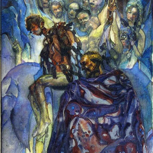 Image similar to comics sandmanin a cloak by Neil Gaiman, Vrubel The Demon, by Mikhail Vrubel, oil painting, art gallery, art museum, small details, whole-length