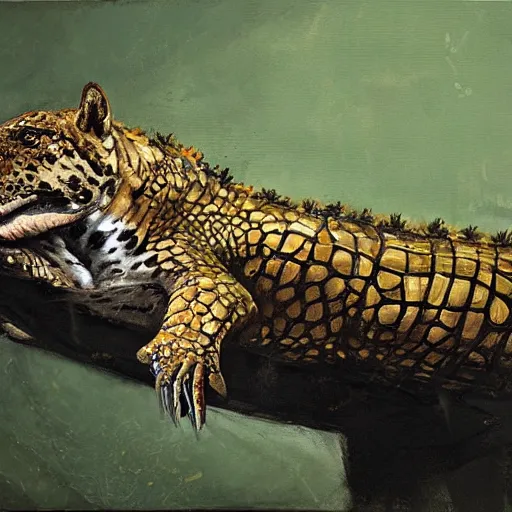 Image similar to jaguar and crocodile morphed together, hybrid mutant animal, jeremy mann painting