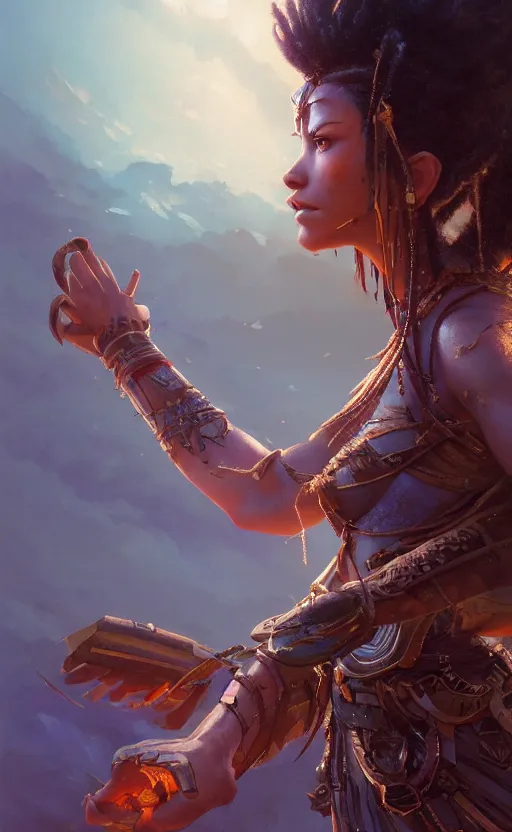 Image similar to highly detailed portrait of beautiful female warrior in avatar, dynamic pose, stephen bliss, unreal engine, fantasy art by greg rutkowski, loish, rhads, ferdinand knab, makoto shinkai and lois van baarle, ilya kuvshinov, rossdraws, tom bagshaw, global illumination, radiant light, detailed and intricate environment