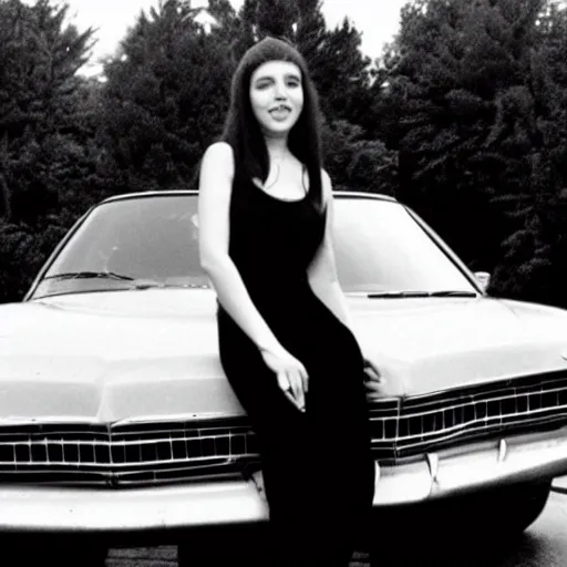 Prompt: young Nancy sinatra doing a cute pose beside a vintage car