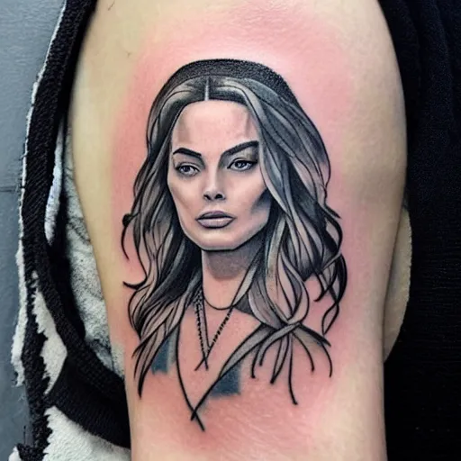 Image similar to face morph tattoo design sketch of beautiful mountain scenery blend in margot robbie face, in the style of matteo pasqualin, amazing detail