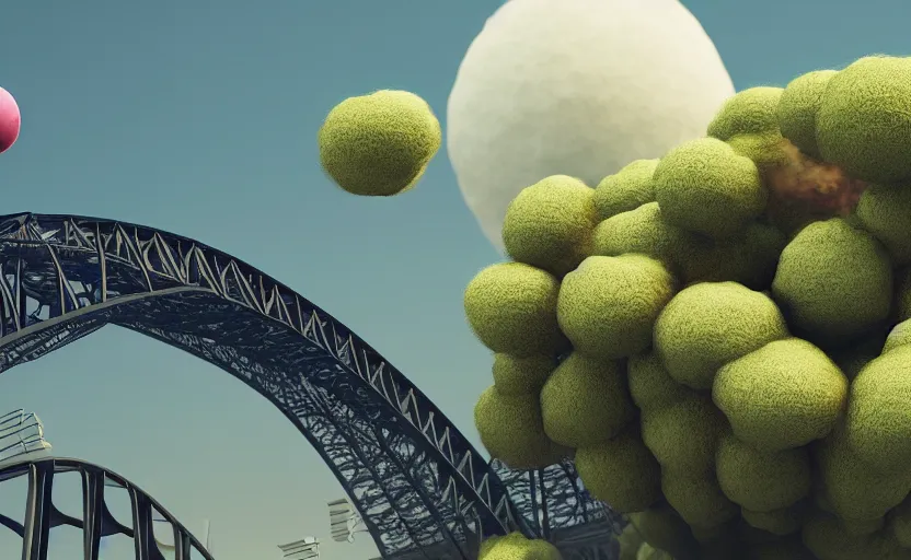 Prompt: explosions in the form of realistic cotton plants hit big harbour bridge, smooth, sharp focus, highly detailed, 3 d octane render, epic lighting, 8 k, by goro fujita