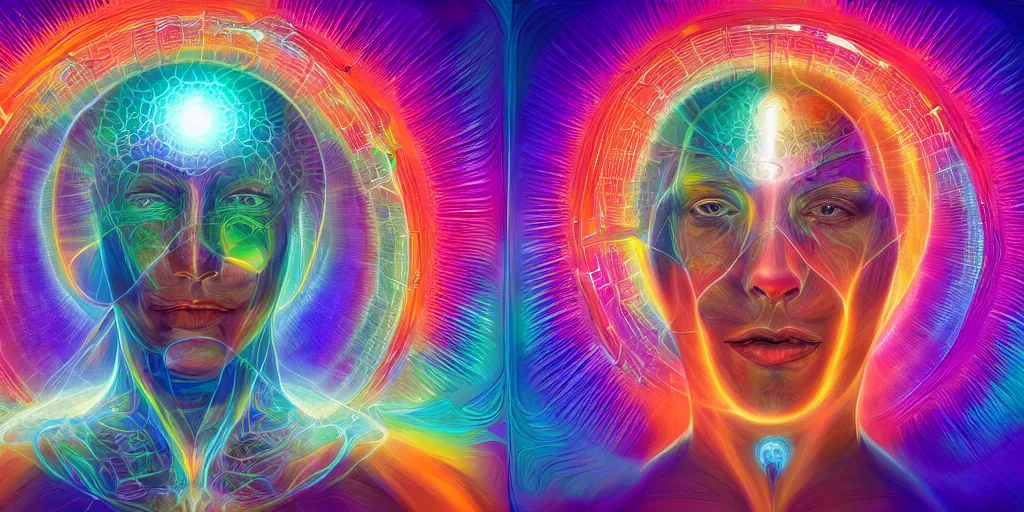 Image similar to ai transcendence into collaborative intelligence, connectedness, body, by alex grey, album cover, award winning, beautiful, colorful, volumetric lighting, trending on artstation