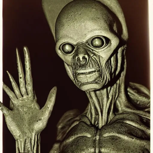 Image similar to photo of alien autopsy done by Ronald Reagan on the recovered Roswell aliens , psychedelic