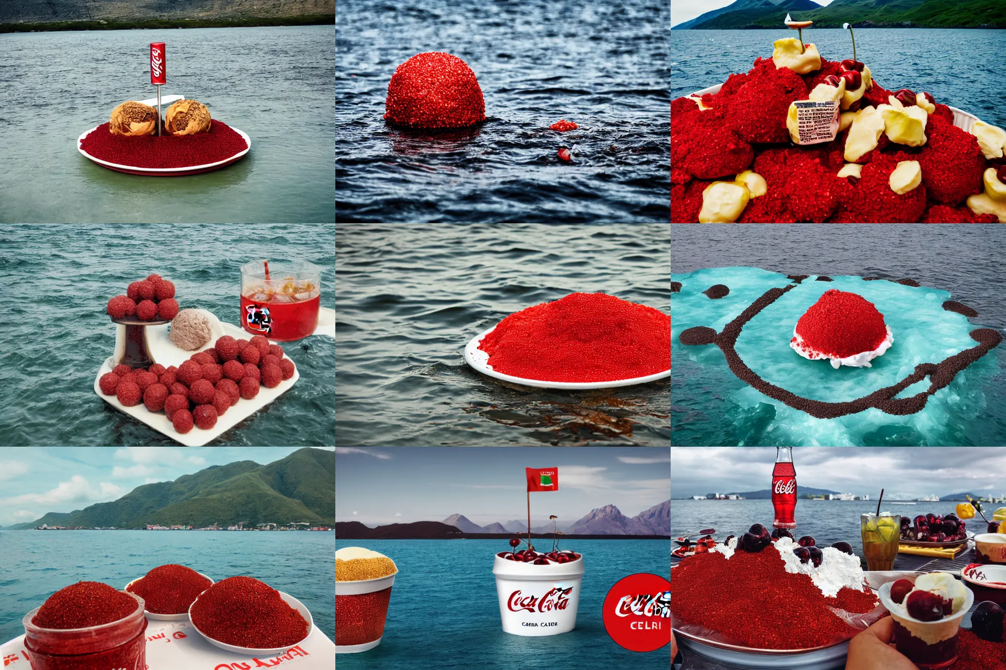 Image similar to an island made of food, around the island instead of water coca - cola ( dark brown ), instead of sand red caviar, instead of mountains ice cream with cherries, photo taken from a boat, 3 5 mm, cinematic