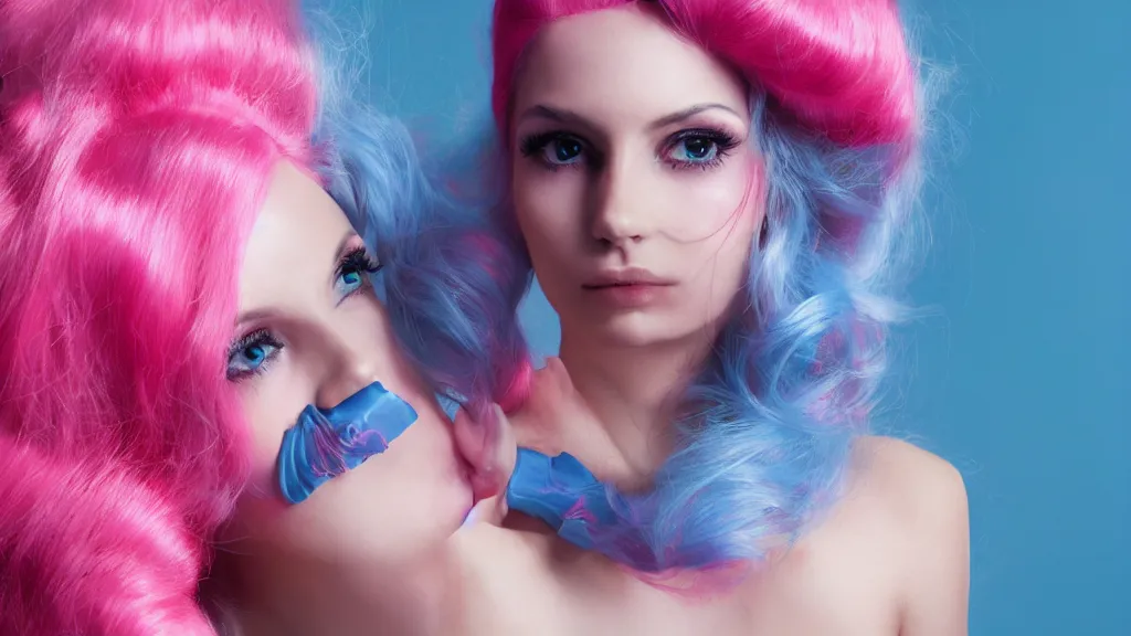 Image similar to beautiful woman with her hair in large pink hair rollers and blue face mask trending on artstation, 8 k