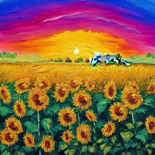 Image similar to Impasto painting of a hidden elephant in a field of sunflowers over a sunset