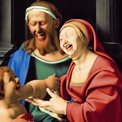 Prompt: Mary and Jesus laughing, painting by Michelangelo