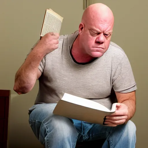 Image similar to a picture of hank schrader with a confused expression sitting on a toilet, reading a book