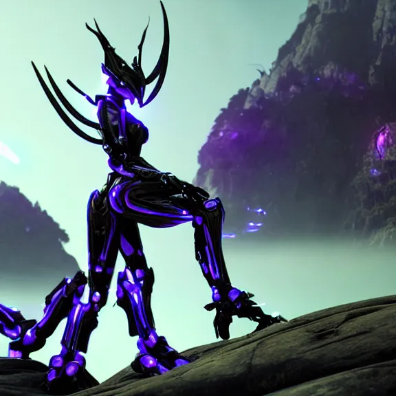 Image similar to extremely detailed cinematic low ground shot of a giant 1000 meter tall beautiful stunning saryn prime female warframe goddess, that's an anthropomorphic hot robot mecha female dragon, silver sharp streamlined armor, detailed head, sharp claws, glowing Purple LED eyes, sitting cutely in the background on top of a mountain, a tiny forest with a village in the foreground, fog rolling in, dragon art, warframe fanart, Destiny fanart, micro art, macro art, giantess art, fantasy, goddess art, furry art, furaffinity, high quality 3D realistic, DeviantArt, Eka's Portal, HD, depth of field