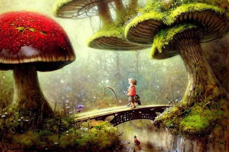 Image similar to adventurer ( ( ( ( ( 1 9 5 0 s retro future forrest of giant mushrooms, moss and flowers, stream with bridge. muted colors. ) ) ) ) ) by jean baptiste monge!!!!!!!!!!!!!!!!!!!!!!!!! chrome red