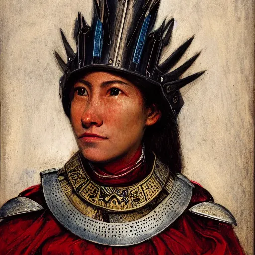 Prompt: head and shoulders portrait of a female knight, quechua!, cuirass, tonalist, symbolist, realistic, baroque, detailed, modeled lighting, haggard, vignetting, indigo and venetian red, angular, alarmed, eagle