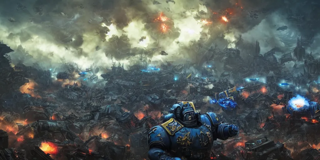 Prompt: warhammer 40k ultramarine on the battle field, explosions, ruins on the background, digital art, illustration, wide angle, fine details, cinematic, highly detailed, octane render