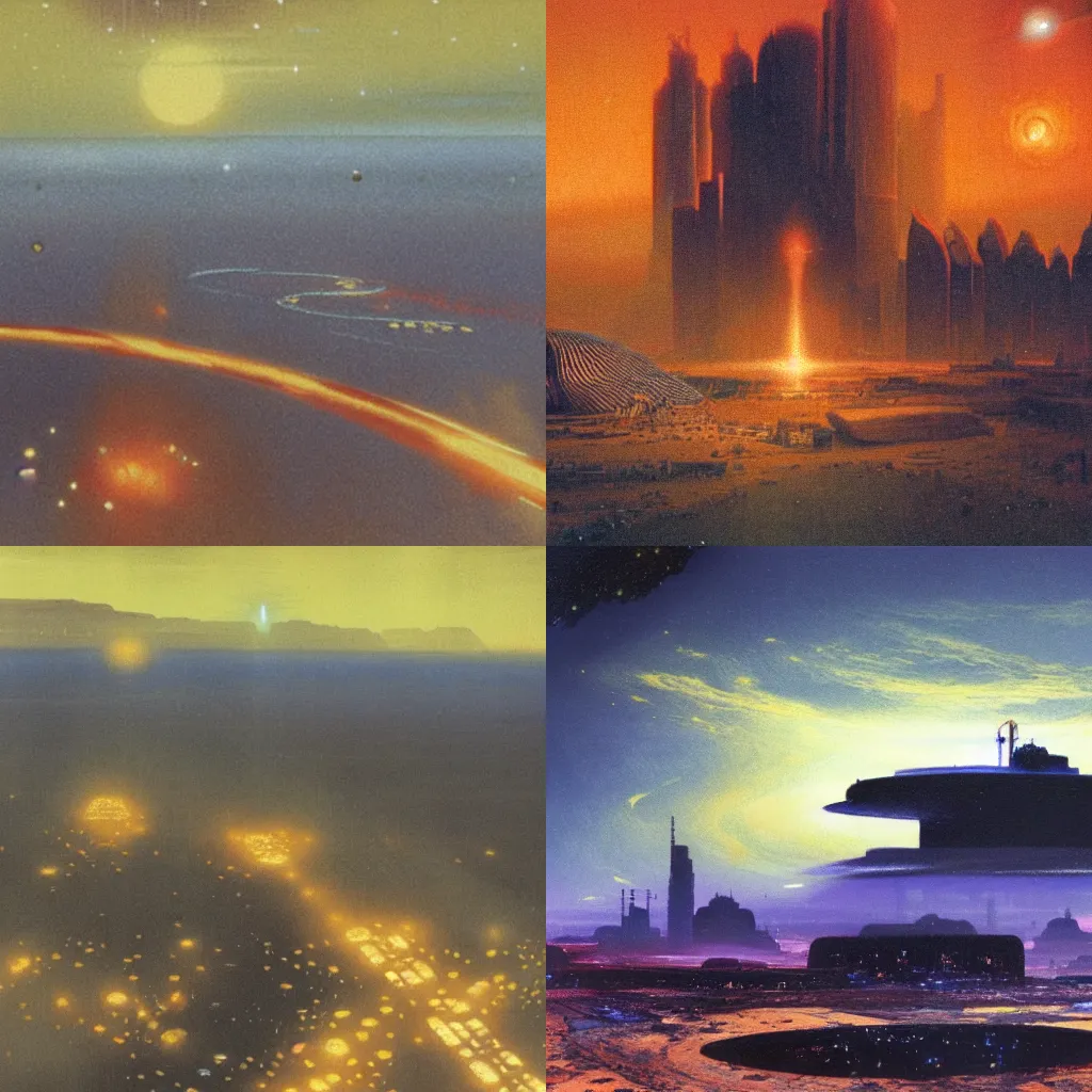 Prompt: Great City of Mercury, moving with the planet rotation on tracks by John Harris, fiery landscape