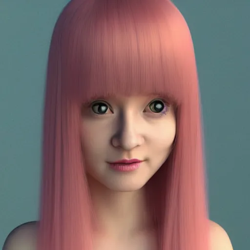 Prompt: A 3d cgi toon young woman with long pink hair, full bangs, amber eyes, pale skin, Chinese, medium shot, mid-shot, soft focus, 4k, trending on artbreeder