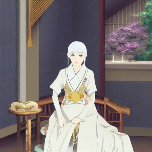 Image similar to Portrait of a japanese princess young lady, with white hair and bangs!!!! beauty artwork by Makoto Shinkai, white hair, ayaka genshin impact, ayaka, ayaka game genshin impact, ayaka