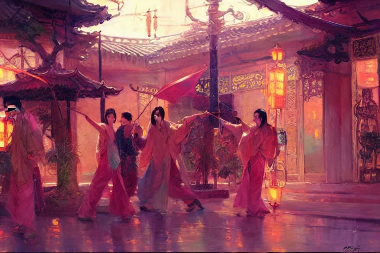 Image similar to wuxia, summer, neon light, painting by gaston bussiere, craig mullins, j. c. leyendecker