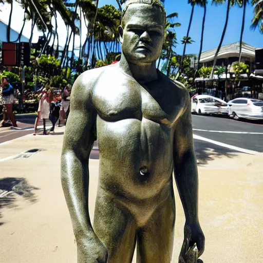 Prompt: Matt Damon as Duke Kahanamuku statue in Waikiki, cinematic, lush, Kalakaua Avenue in Waikiki, high detailed