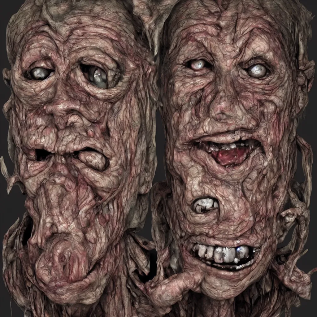 Prompt: a melt-faced mainstream show presenter revealing his true monster visage, ultra-realistic, weird horror art, 16K 3D, crying engine