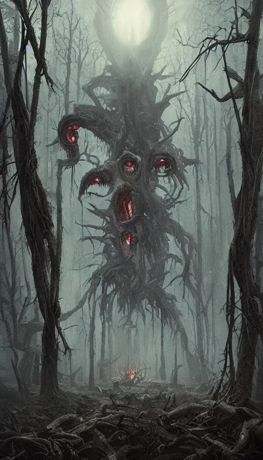 Image similar to a storm vortex made of many demonic eyes and teeth over a forest, by greg rutkowski