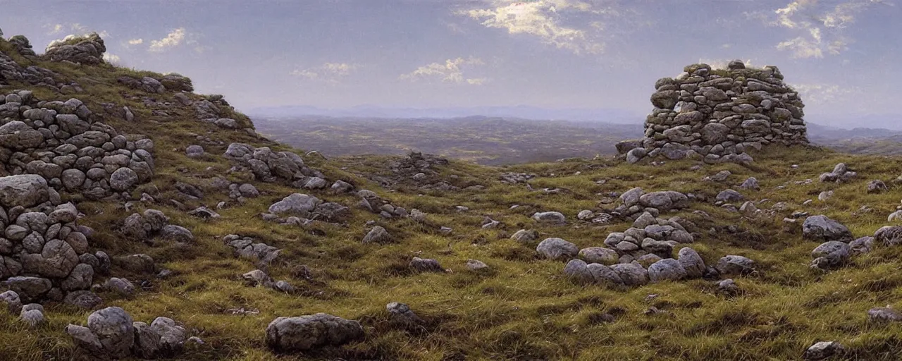 Image similar to a high hill landscape with a circle of four large stones like fingers on the top, by ted nasmith