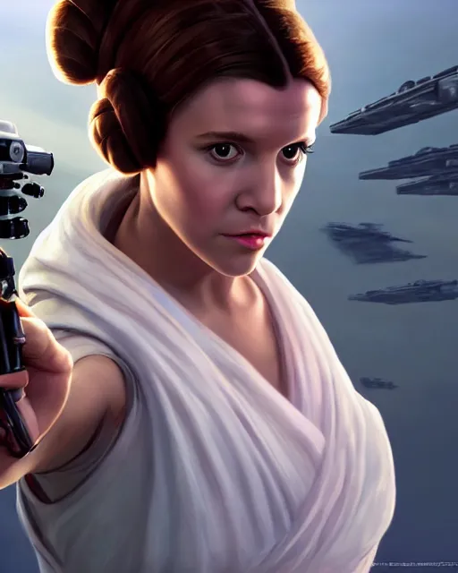 Prompt: portrait of young princess leia on the millennium falcon, star wars, gta v, hyper realistic, glamorous pose, ambient lighting, concept art, intricate, hyper detailed, smooth, action, volumetric lighting, george lucas, arney fretag, ralph mcquarrie, octane