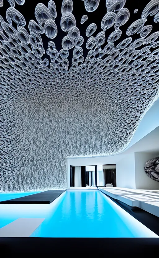 Image similar to villa parametric architecture fluid design, vincent callebaut well - defined style, ultra detailed, monochromatic, natural lighting, volumetric lighting, generative art nebula, cinematic, photo realistic, hyper real, surreal design, flow everywhere, walls made of crystal clear water, droplets on the walls, black metal, magnesium, 8 k,