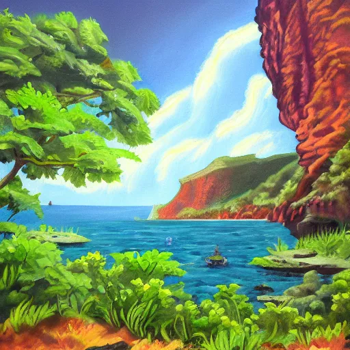 Prompt: painting of a lush natural scene on an alien planet by april m. rimpo. beautiful landscape. weird vegetation. cliffs and water.