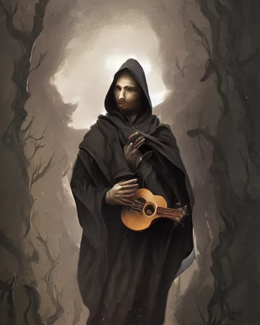 Prompt: baroque portrait of a shadowy man wearing a hooded cloak, playing a magical mandolin, gallery art by peter mohrbacher, artstation, artgate