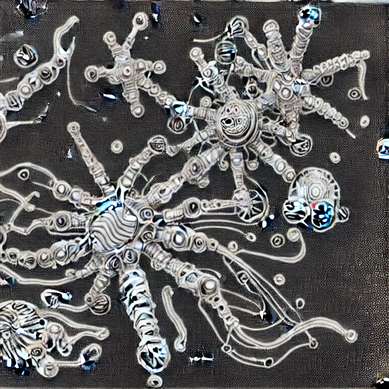 Image similar to a black and white drawing of a variety of sea life and filled with gundam mech equipment space station, a microscopic photo by ernst haeckel, zbrush central, kinetic pointillism, bioluminescence, biomechanical, intricate patterns, photoillustration