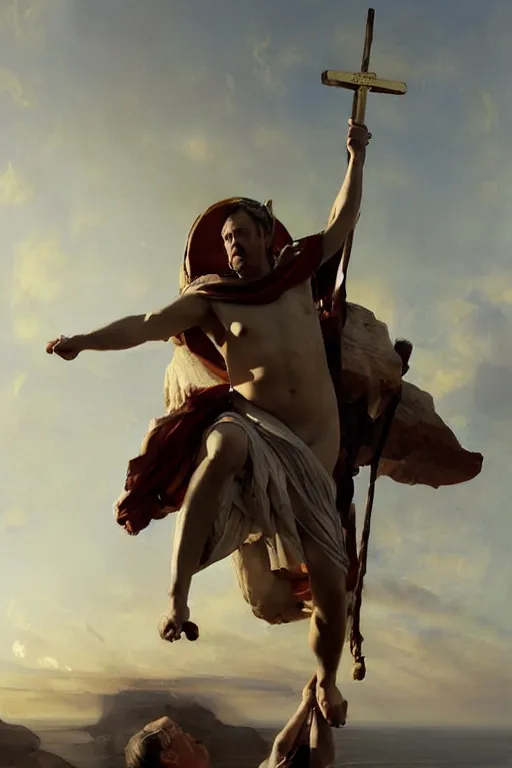 Image similar to beautiful oil painting portrait of ancient roman god emperor steve buscemi hovering in the air wearing the civic crown levitating and ascending in stations of the cross pose, art by anders zorn, wonderful masterpiece by greg rutkowski, expressive brush strokes, beautiful cinematic light, american romanticism by greg manchess, jessica rossier