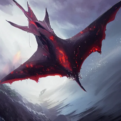 Prompt: A flying fire Manta Ray Souls Boss. It is bursting in flames. incredible concept artwork. Dark souls boss, dark souls style, Miyazaki style of design. By FROMSOFTWARE