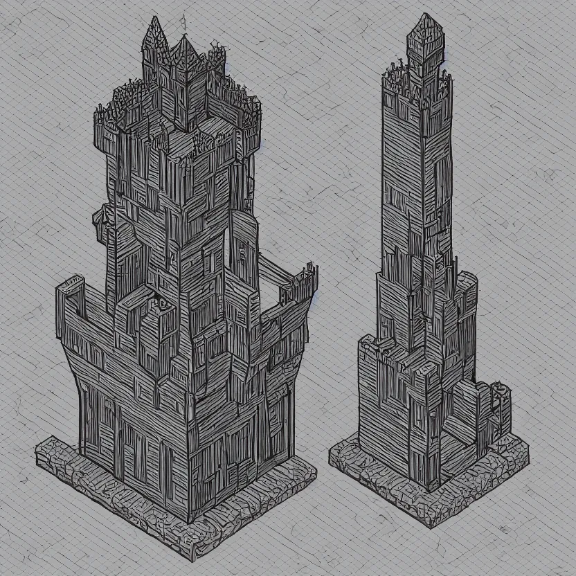 Image similar to isometric view of wizard's tower, lineart, 8 k