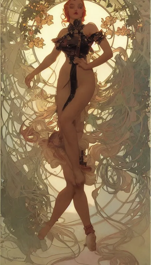 Image similar to diva in a cute pinup pose by artgerm, greg rutkowski and alphonse mucha, concept art, matte, intricate, full body, epic composition