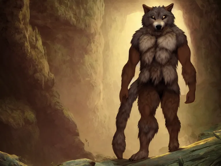 Image similar to burly tough character feature portrait of the anthro male anthropomorphic wolf fursona animal person wearing tribal primitive caveman loincloth outfit full wolf fur body standing in the entrance to the cave, center framed character design stylized by charlie bowater, ross tran, artgerm, makoto shinkai, detailed, soft lighting, rendered in octane