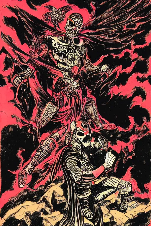 Image similar to Illustration of the Lucha Bros Rey Fenix and Pentagon Jr day of the dead, art by bernie wrightson